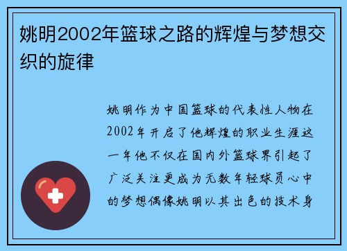 姚明2002年篮球之路的辉煌与梦想交织的旋律